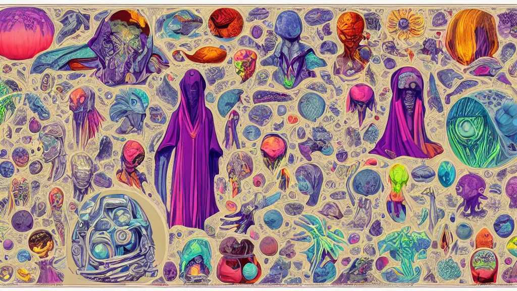 Image similar to colorful and vivid character sheet for an extraterrestrial with large bulbous head, religious robes, retrofuture, high contrast, wayne barlow, ernst haeckel, fantastic planet, moebius, valerian, coherent, illustration, digital art, trending on artstation, hd, 8 k, good lighting, beautiful, rough paper, masterpiece