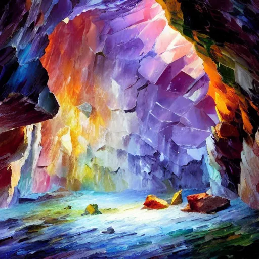 Image similar to A huge cave full of rainbow color crystals and gems on the ground, and stuck to the walls made of huge grey boulders, very dark, midnight, oil painting by Afremov and Greg Rutkowski.