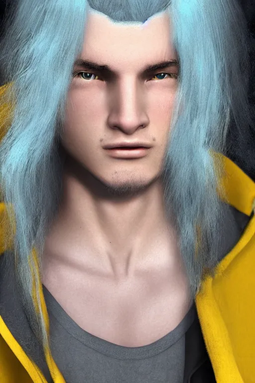 Image similar to a male teenager with long blue hair and yellow eyes wearing a winter overcoat, hyperrealistic, concept art, octane render, unreal engine 5, trending on artstation, high quality, 8 k, highly detailed, digital art, anatomically correct, symmetrical, realistic and defined face, high coherence, path traced, face portrait, yellow eyes, blue hair