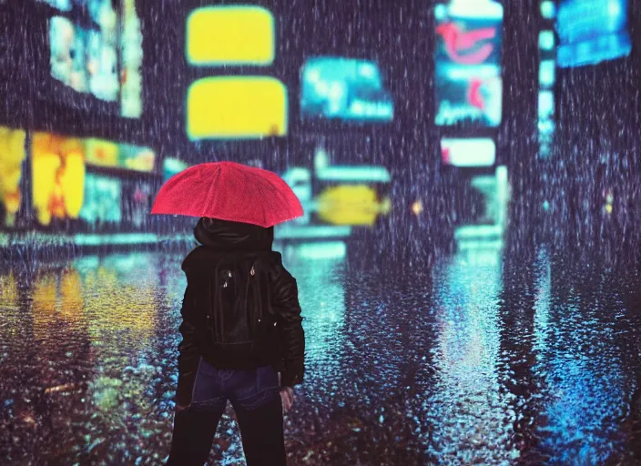 Image similar to closeup portrait of emo dora ( dora the explorer ) standing in the rain in a cyberpunk city, neon reflections in the puddles, portra 4 0 0 candid photograph portrait by annie leibovitz, 3 5 mm, f / 3 2, hyperrealistic, cinematic lighting, hd wallpaper, 8 k, 4 k