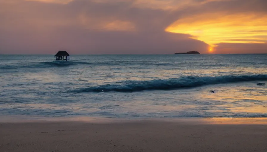 Image similar to a old house standing at a beach at sunset