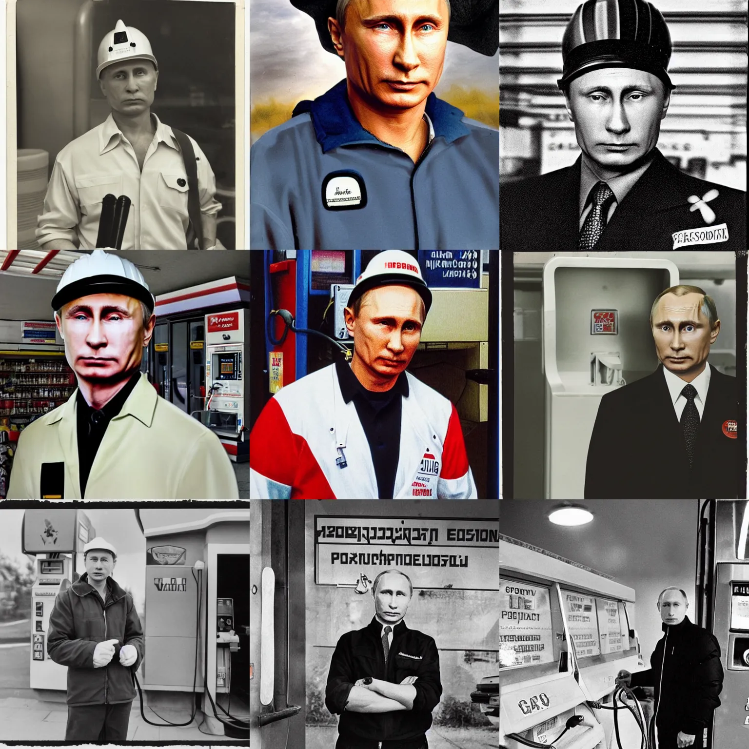 Prompt: portrait photo of vladimir putin as a gas station worker