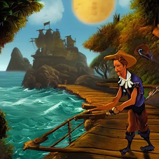 Prompt: guybrush threepwood confronts lechuck on monkey island. epic matte painting.