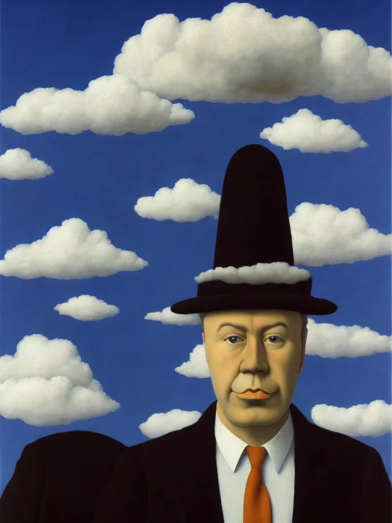 Image similar to portrait of cloud man by rene magritte, detailed painting, hd, hq, high resolution, high detail, 4 k, 8 k