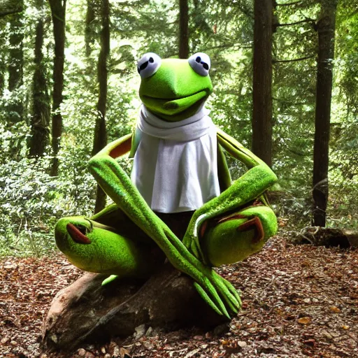 Image similar to kermit the frog as a holy sacred god on acid in the woods by john chamberlain