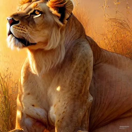 Image similar to highly detailed full portrait of a majestic lioness princess in the form of a beautiful lady. d & d, art by donato giancola and ruan jia and carl larsson and magali villeneuve. trending on artstation, intricate details, energetic composition, golden ratio, concept art, illustration, elegant art