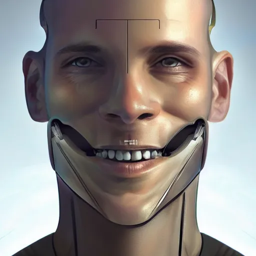 Prompt: Portrait of a smiling cyborg man with half robot face, digital art, artstation, detailed, realistic