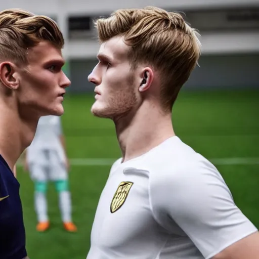 Image similar to a realistic detailed photo of a guy who is an attractive humanoid who is half robot and half humanoid, who is a male android, soccer players martin ødegaard & timo werner, shiny skin, posing like a statue, blank stare, in a factory, on display, showing off his muscles, gold soccer shorts, side view, looking at each other mindlessly