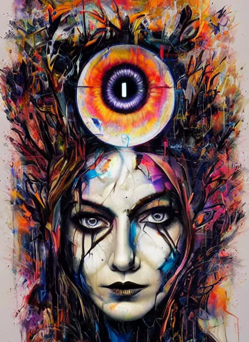 Image similar to enlightened magic cult psychic woman, painted face, third eye, energetic consciousness psychedelic, epic surrealism expressionism symbolism, story telling, iconic, dark robed, oil painting, symmetrical face, dark myth mythos, by sandra chevrier, joan mitchell masterpiece