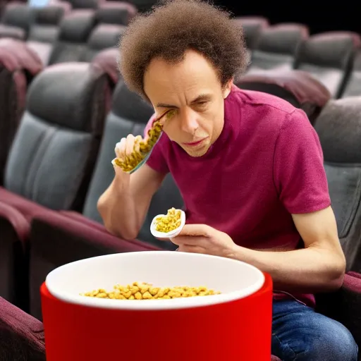 Image similar to malcolm gladwell eating beans from a bowl in an empty AMC movie theater, high res, 4k, realistic