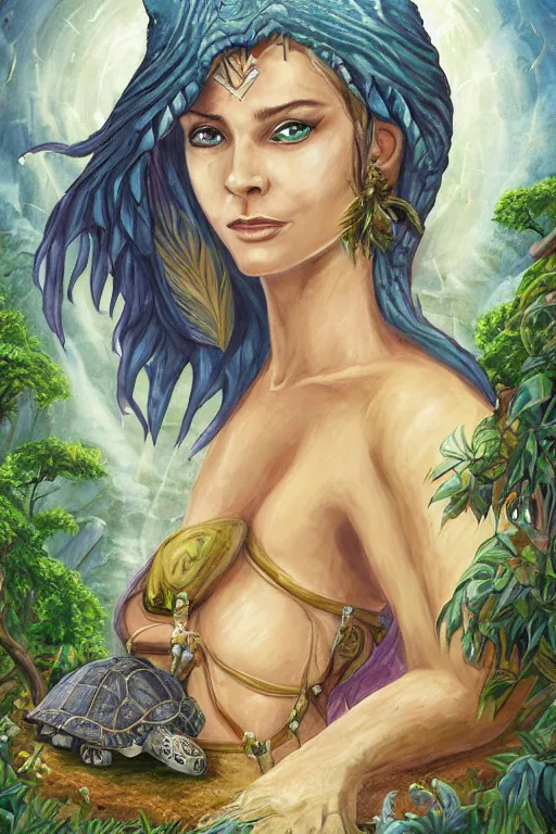 Prompt: A fantasy book style portrait painting, Great Turtle Island at the center of the Universe, accompanying hybrid, Anya_Taylor-Joy, Cory Chase, Mystical Valkyrie, Anubis-Reptilian, Atlantean Warrior, Cozy, hotspring hidden Cave, candlelight, towels, cushions, natural light, lush plants and flowers, elegant, smooth cave rock, fantasy, atmospheric lighting, digital painting, François Boucher, Oil Painting, Crisp clear HD resolution, unreal 5, DAZ, hyperreality, octane render, Regal, Refined, Digital Art, RPG portrait, William-Adolphe Bouguereau, Michael Cheval, Walt Disney (1937), Steampunk, Volumetric Golden dappled dynamic lighting, Highly Detailed, Cinematic Lighting, Unreal Engine, 8k, HD