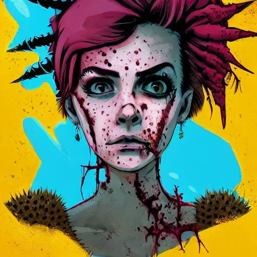 Prompt: Highly detailed portrait of a punk zombie latino young lady with freckles and spikey punk hair by Atey Ghailan, by Loish, by Bryan Lee O'Malley, by Cliff Chiang, was inspired by iZombie, inspired by graphic novel cover art !!!electric blue, brown, black, yellow and white color scheme ((grafitti tag brick wall background))