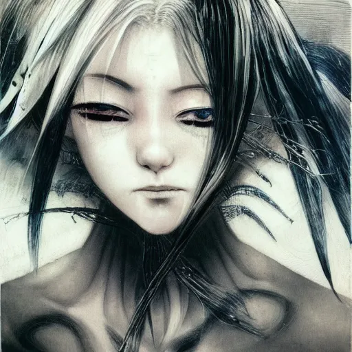 Image similar to Yoshitaka Amano realistic illustration of an anime girl with white hair and cracks on her face wearing dress suit with tie fluttering in the wind, abstract black and white patterns on the background, noisy film grain effect, highly detailed, Renaissance oil painting, weird portrait angle