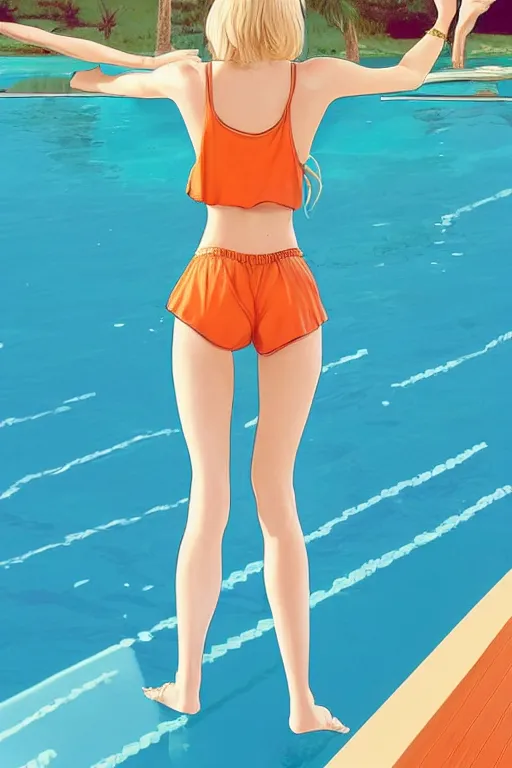 Image similar to a beautiful woman with hip-length blonde hair, wearing a cut-off white top and short light orange shorts, stands by a swimming pool, facing forward, in the style of artgerm and moebius and annie liebovitz, photorealistic, highly detailed, trending on artstation