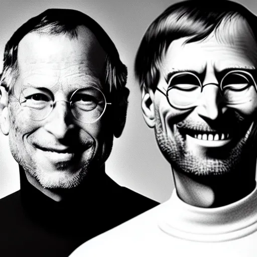 Prompt: Bill Gates and Steve Jobs starting to merge together. Their heads are halfway through the process.