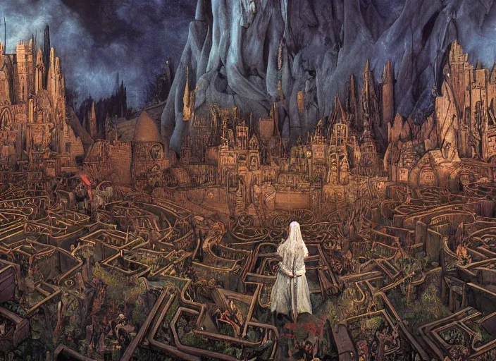 Prompt: jim henson's labyrinth an impossible maze filled with twisted turns a goblin city and a castle looming in the background by edgar maxence and caravaggio and michael whelan and delacroix style, artistic, intricate painting, cinematic lighting, hyper realistic, extremely detailed, vivid colors, establishing shot, dramatic lighting