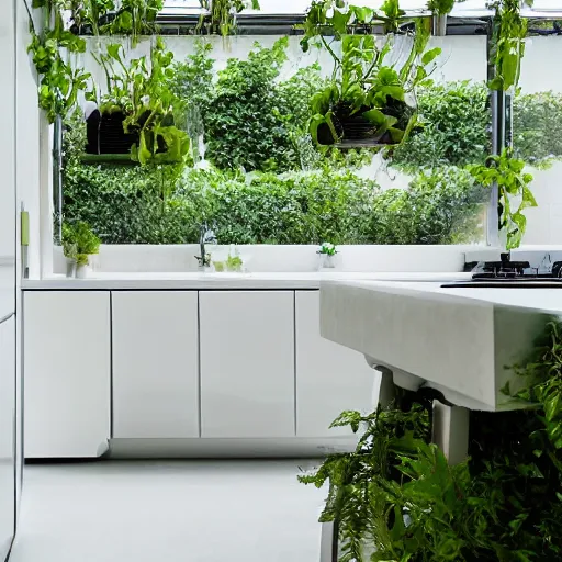 Prompt: a photograph of a contemporary kitchen, white with green accents, filled with plants and vines, wide angle, morning light,