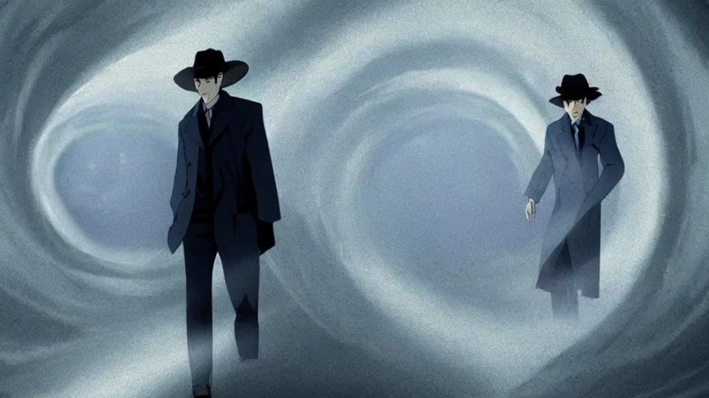 Image similar to a man who’s face is a vortex wearing a fedora and trench coat, anime film still from the movie directed by Denis Villeneuve with art direction by Junji Ito, wide lens