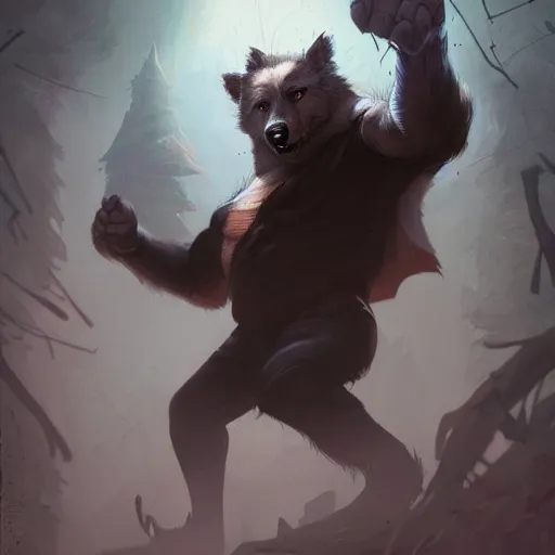 Prompt: realistic, full body portrait, cartoonish big bad wolf, by Jordan Grimmer and greg rutkowski, crisp lines and color,