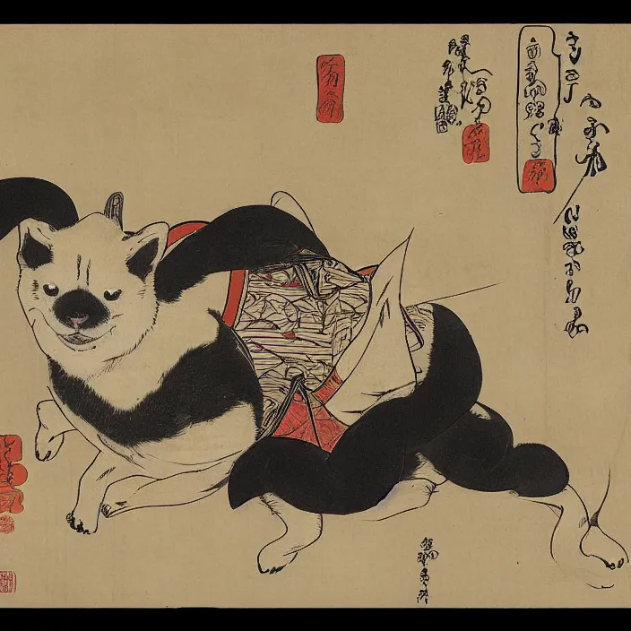 Prompt: a shiba-inu-samurai waking up from a nap, artwork on loan from the historical dog society of japan, by Utagawa Kuniyoshi