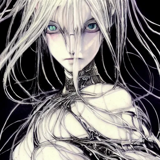 Image similar to Yoshitaka Amano blurred and dreamy illustration of an anime girl with black eyes, wavy white hair and cracks on her face wearing elden ring armour with the cape fluttering in the wind, abstract black and white patterns on the background, noisy film grain effect, highly detailed, Renaissance oil painting, weird portrait angle