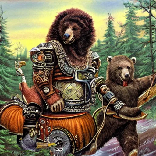 Image similar to jimi hendrix as a viking riding a mechanical robot bear through the russian forest by keith thompson