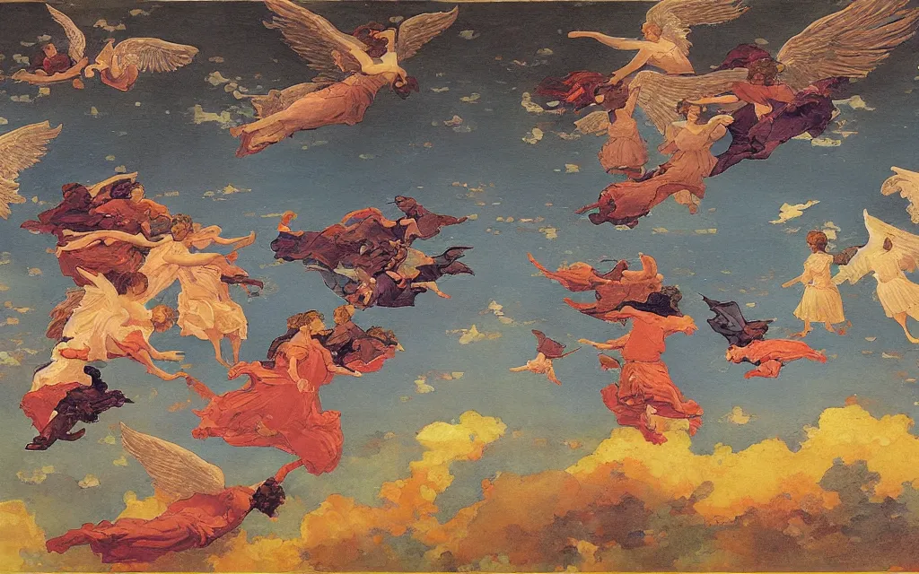 Image similar to vision of angels - a painting of an angel flying in the sky, with a group of angels flying around it by winslow homer and laurel burch, style of cyberpunk