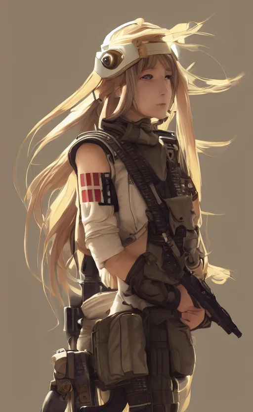 Prompt: a girl, fused aircraft parts, soldier clothing, combat helmet, anime style, long hair, hair down, symmetrical facial features, from arknights, hyper realistic, 4 k, rule of thirds, extreme detail, detailed drawing, trending artstation, hd, d & d, realistic lighting, by alphonse mucha, greg rutkowski, sharp focus, backlit