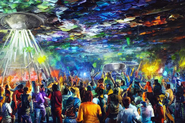 Image similar to palette knife oil painting of psychedelically lit exposed concrete walls, a crowd of clubbers, surrounding a cement fighting pit shaped like a satellite dish., extreme detail, artstation trending, artgerm, any racial background, deviant art, octane, substance, art history 8 k