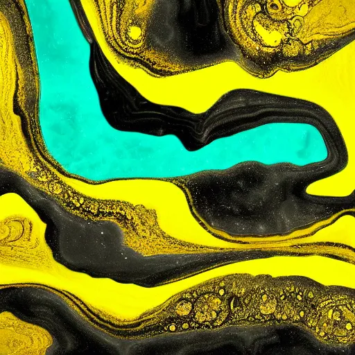 Image similar to beautiful liquid marble texture with oil bubbles. harmonic black yellow and mint coloured abstraction. ultradetailed realistic art