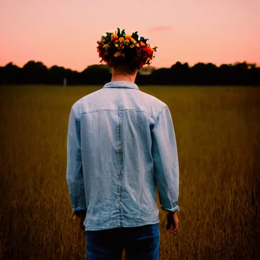 Image similar to kodak portra 4 0 0 photograph of a skinny blonde guy standing in field on fire, back view, flower crown, moody lighting, telephoto, 9 0 s vibe, blurry background, vaporwave colors, faded!,