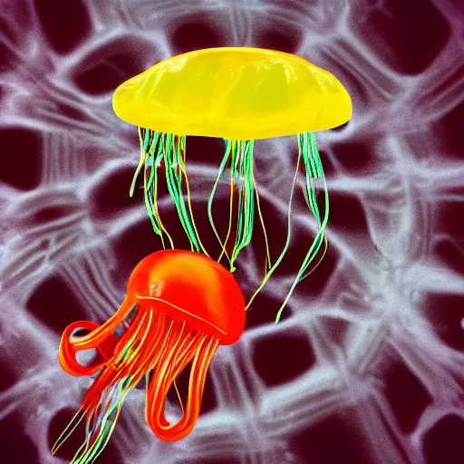 Image similar to hamburger mix jellyfish, cg, 8 k, surrealistic, sharp focus, style by andy warhol