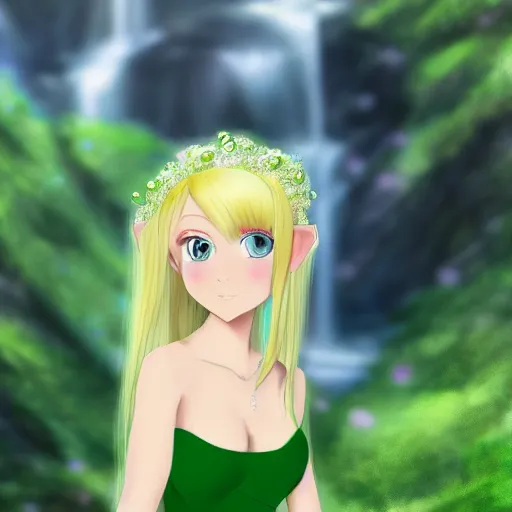 Image similar to beautiful young blonde-haired elf woman tucking her hair behind her ear and wearing a green dress in front of a waterfall, anime art, trending on artstation, super cute, 4k