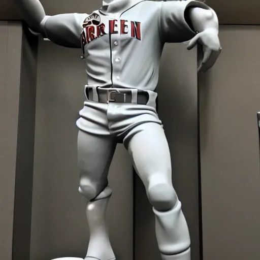 Image similar to “a realistic detailed photo of a guy who is an attractive humanoid who is half robot and half humanoid, who is a male android, baseball player Mike Trout, shiny skin, posing like a statue, blank stare, in the locker room, on display”