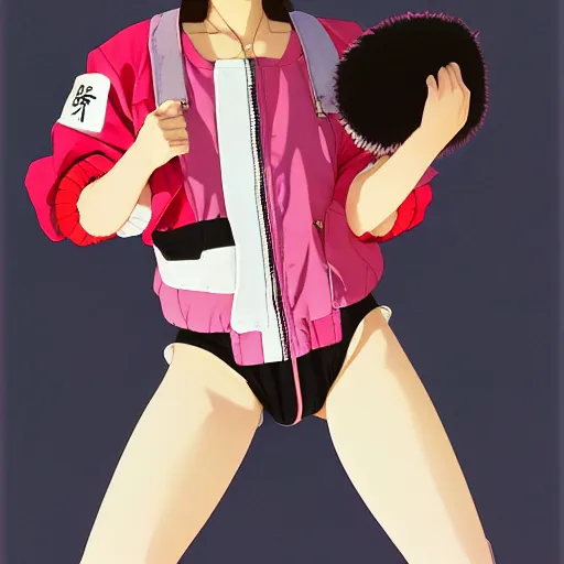 Image similar to a beautiful japanese natalie portman gravure model, wearing oversized native designer bomber jacket and leotard with overalls, bulky poofy bomber jacket with mesoamerican patterns, mesoamerican native street fashion, gapmoe yandere grimdark, trending on pixiv fanbox, painted by greg rutkowski makoto shinkai takashi takeuchi studio ghibli, akihiko yoshida