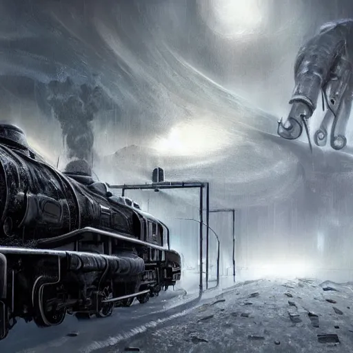 Image similar to an intricate futuristic black steam train and a giant mammoth, post - apocalyptic ice landscape in snowstorm, concept art, artstation, highly detailed, digital art