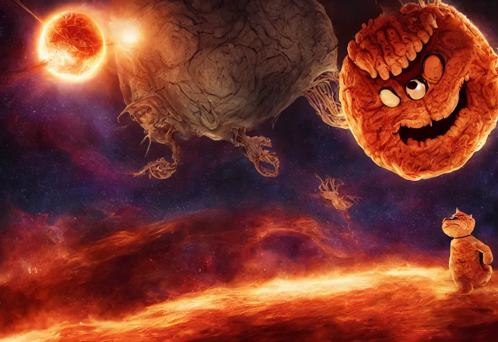 Image similar to eldritch horror bloody garfield in space, hd, 8 k, giant, epic, realistic photo, unreal engine, stars, prophecy, powerful, cinematic lighting, destroyed planet, debris, violent, sinister, ray tracing, dynamic, epic composition, dark, horrific, teeth, grotesque, monochrome drawing, hellscape, death, corpses