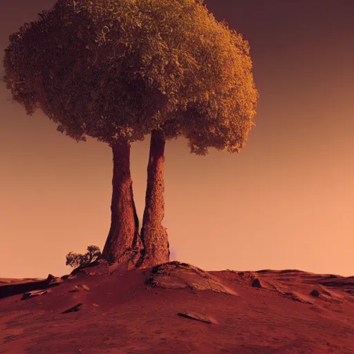 Image similar to mars surface with trees, 8 k, octane render, high details