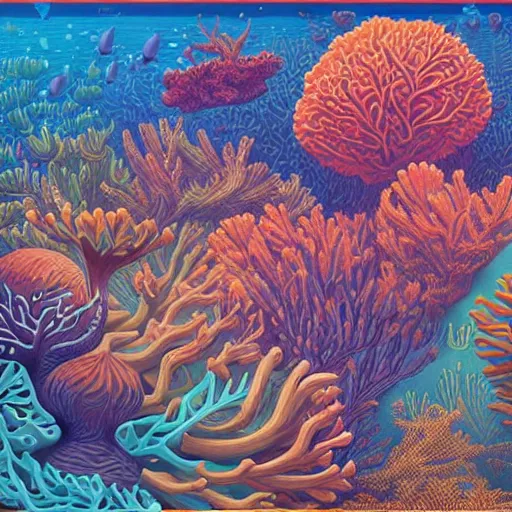 Prompt: a coral reef by casey weldon and martine johana, rich colors, intricate, elegant, highly detailed, centered, digital painting, artstation, concept art, smooth, sharp focus, illustration