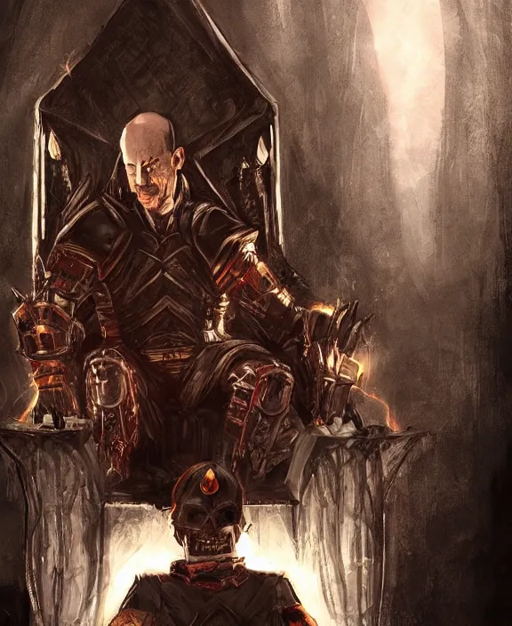 Image similar to a grimdark fantasy concept art portrait of jeff bezos sitting on a dark and evil throne