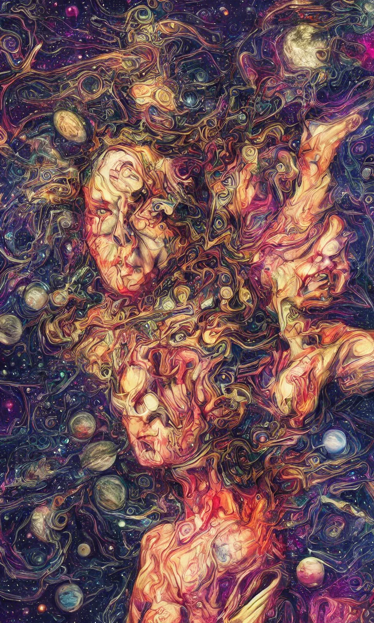 Prompt: a woman with Saturn for a head, 🌌, beautiful, vivid, vibrant, hyper detailed, hyper realistic, digital art, 8k resolution, symmetrical, chaotic, bizarre, insane,