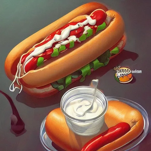 Prompt: hot dogs and yogurt is a messy meal, wlop, artgerm, mucha