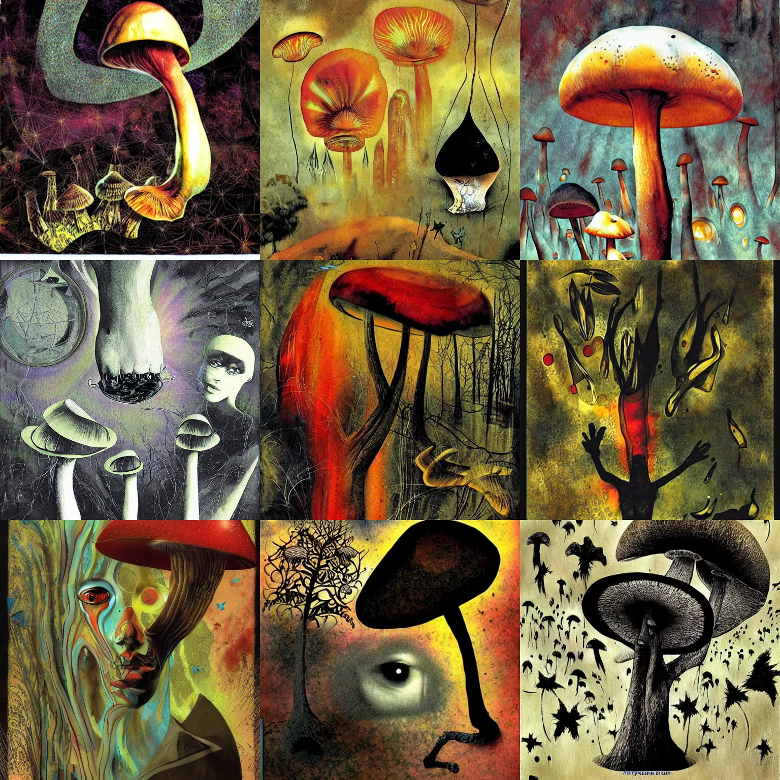 Prompt: psychedelic mushrooms psilocybin dream, no fears, okay one fear, by dave mckean