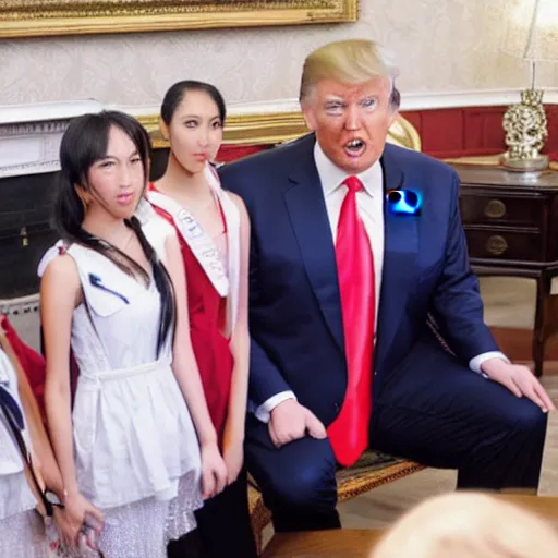 Image similar to donald trump talks to anime girls, professional photo