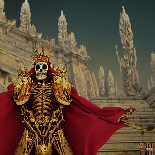 Prompt: skeleton king in a temple, standing. Thick red robes, shinning jeweled crown. Mighty, 4k, artstation, high detail, octane, wide angle shot from below