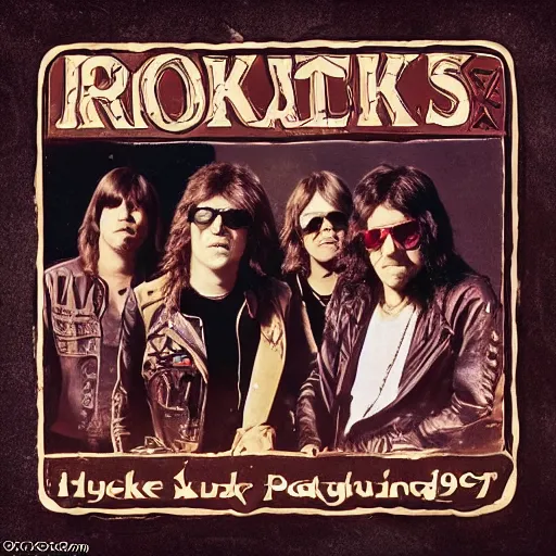 Image similar to photorealistic album cover for a rock band that was cool in the 1 9 7 0 s but is now way past their prime, a bunch of grungy old - looking guys with guitars and very long hair, has - beens who smoke too many cigarettes, matte painting background, ornate lettering for the name of the band