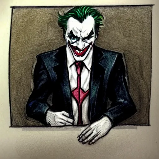 Prompt: courtroom sketch of the Joker on trial for public intoxication, judged by a jury of his peers