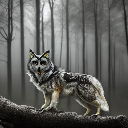 Image similar to mixture between an! owl and wolf, photograph captured in a dark forest