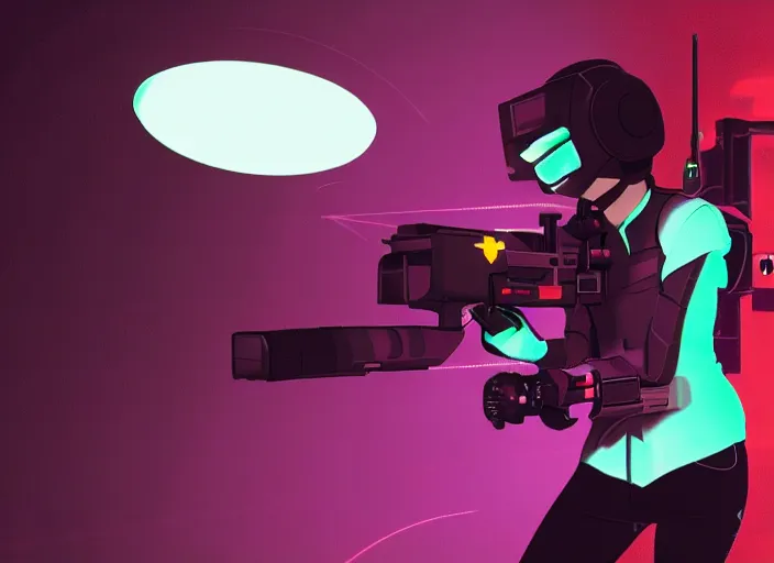 Image similar to g girl firing a laser gun, animatic, high quality, cyberpunk