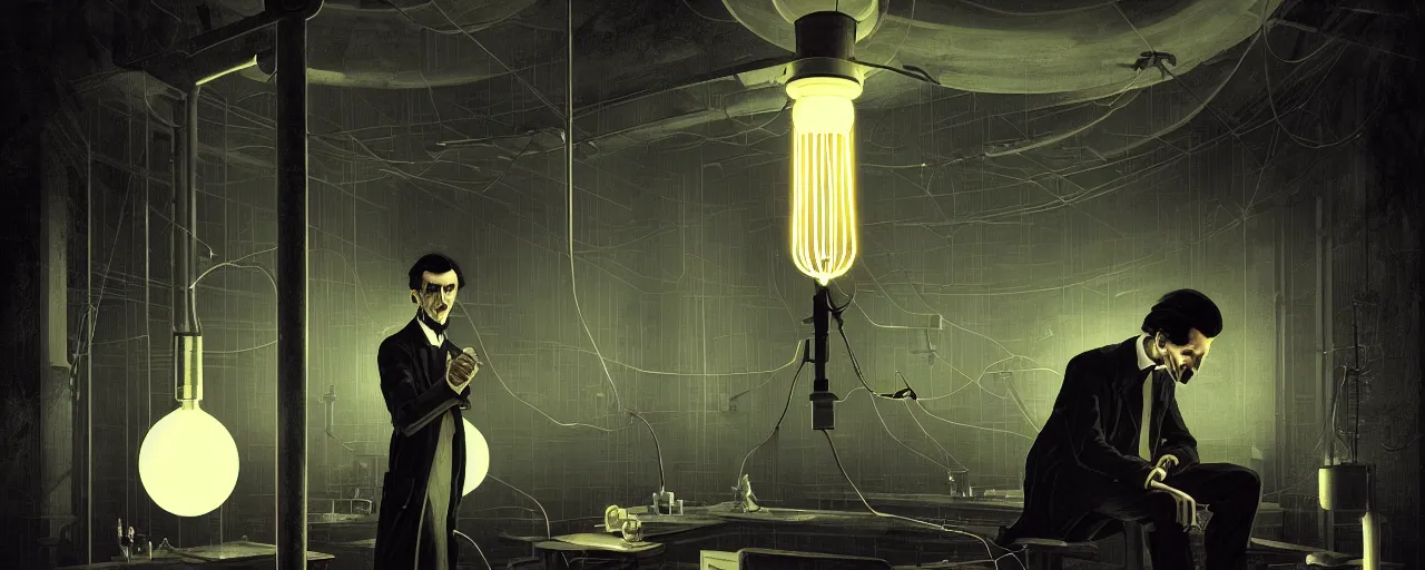 Prompt: duotone dark illustration 3 / 4 portrait of nikola tesla with wireless lightbulbs conducting experiments in wardenclyffe tower. cinematic lighting. golden ratio accidental renaissance. by sachin teng and sergey kolesov and ruan jia and heng z. graffiti art, scifi, fantasy, hyper detailed. octane render. concept art. trending on artstation